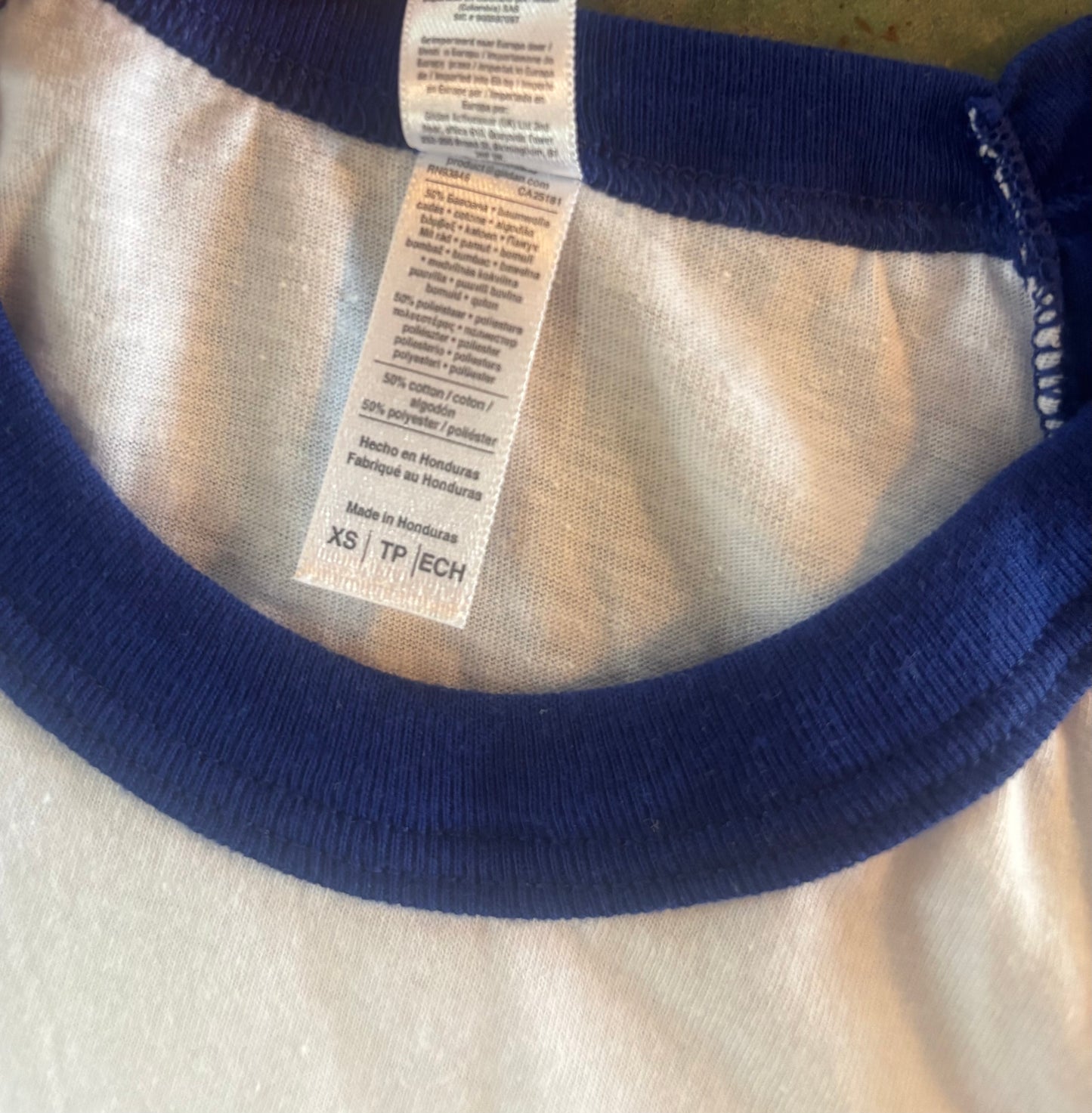 XS Baseball 3/4 sleeve- White/ royal blue sleeve- Circle logo (BB26.1)