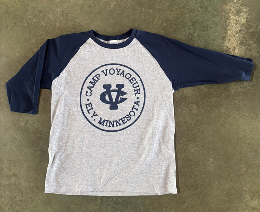 YL Baseball 3/4 sleeve Grey/ Navy sleeves - Circle logo (YBB2)