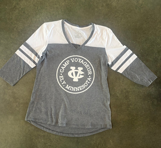 Women’s LS White/ grey double stripped sleeve