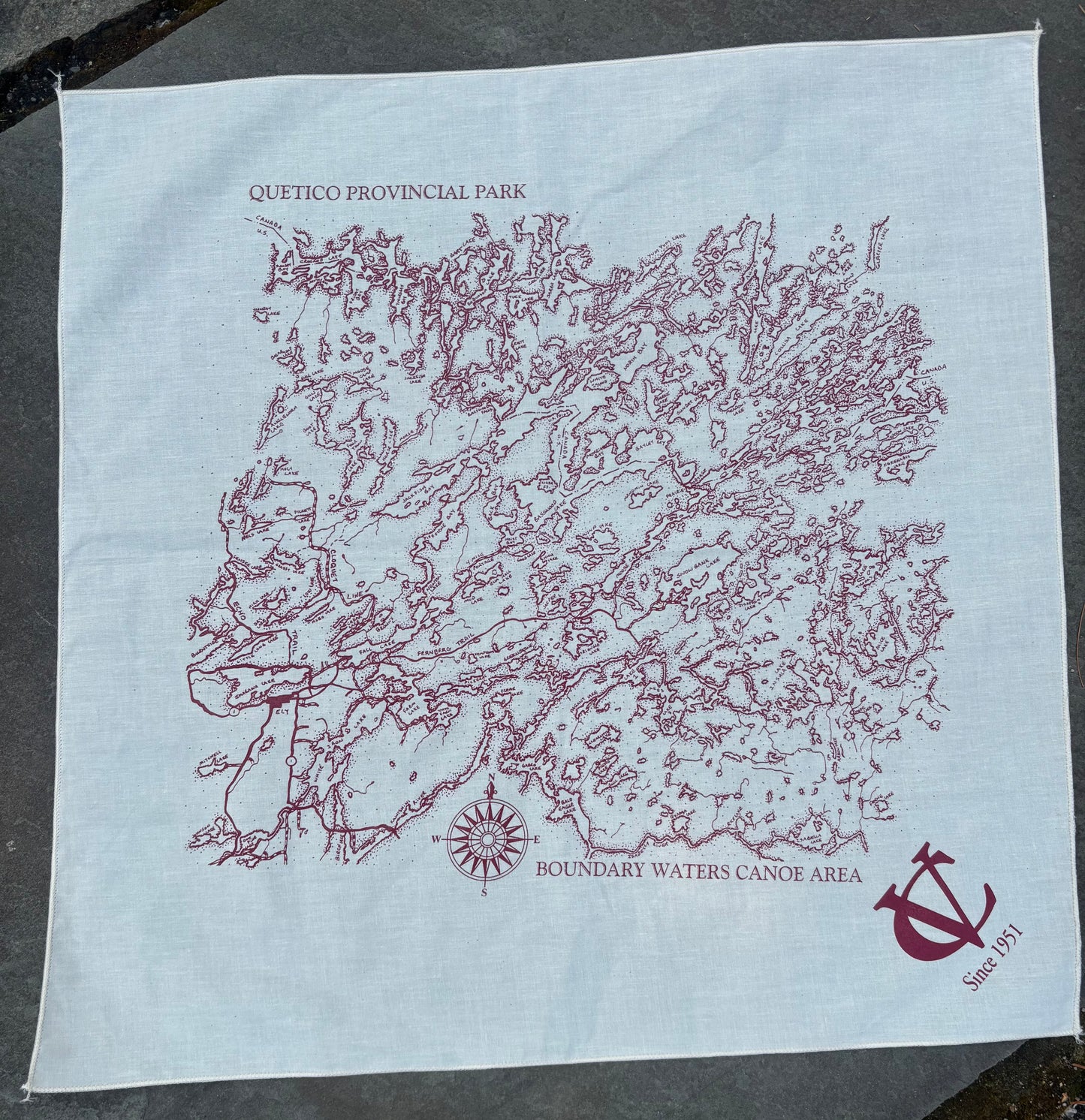 Bandana- CV w/ BWCA/Quetico map- cream and red 21” x 21”
