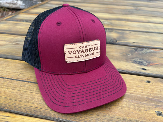 CV Trucker hat w/ CV Rectangular Leatherette- Cardinal/ Black (LTH-24 C/BL)