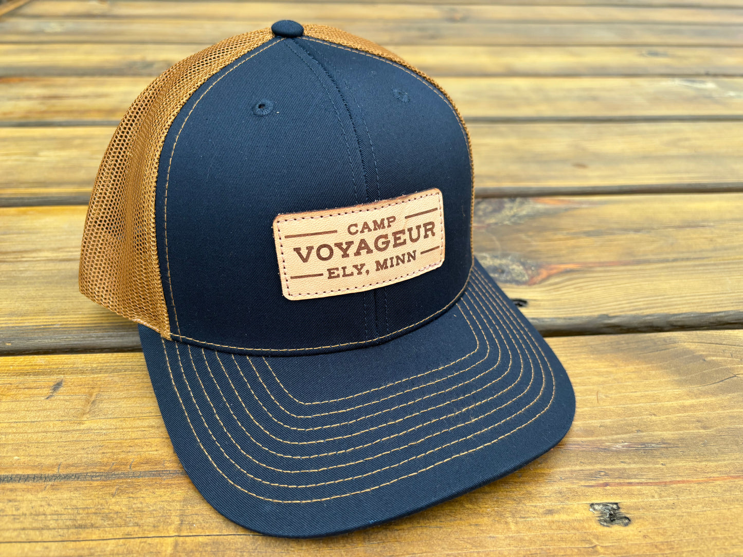 CV Trucker hat w/ CV Rectangular Leatherette- Navy/ Caramel (LTH-24N/C)