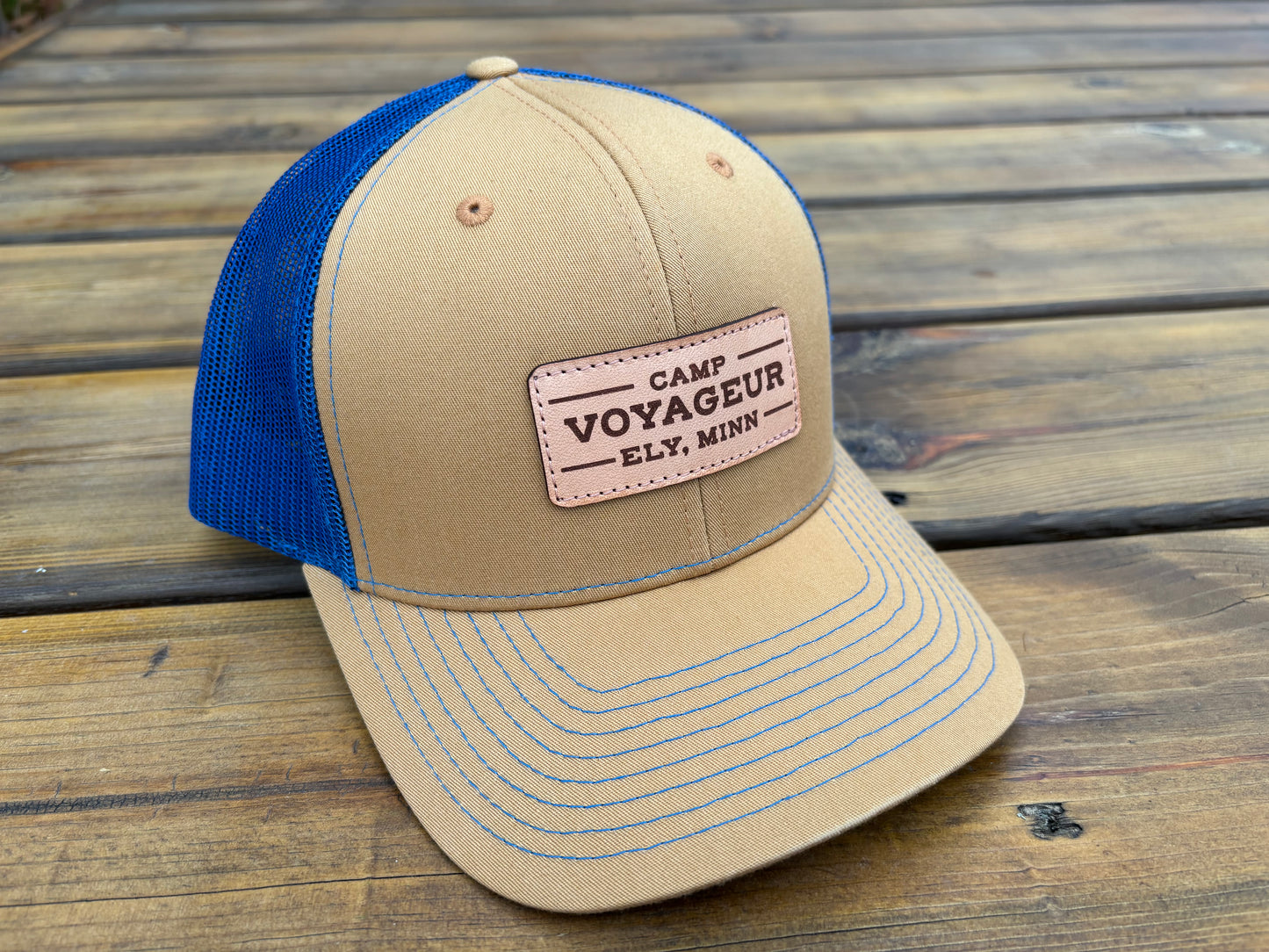 CV Trucker hat w/ CV Rectangular Leatherette- Biscuit/ True Blue (LTH-24 B/TB)